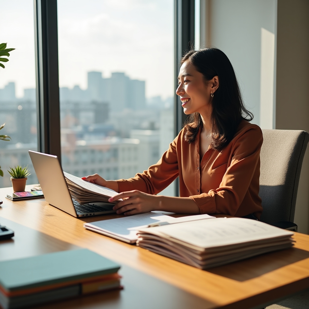 Insurance agent at a well-organized desk reviewing client files