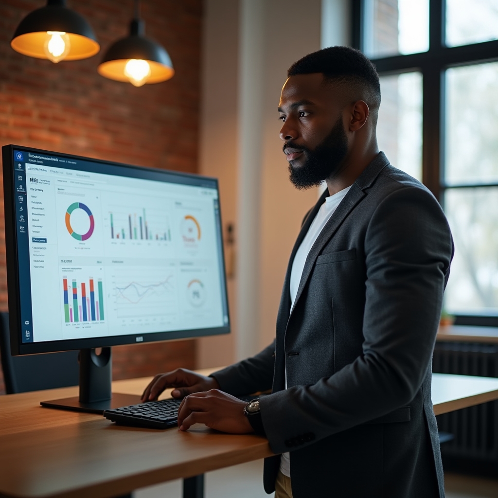 Insurance agent reviewing an operations dashboard on a monitor in a bright office